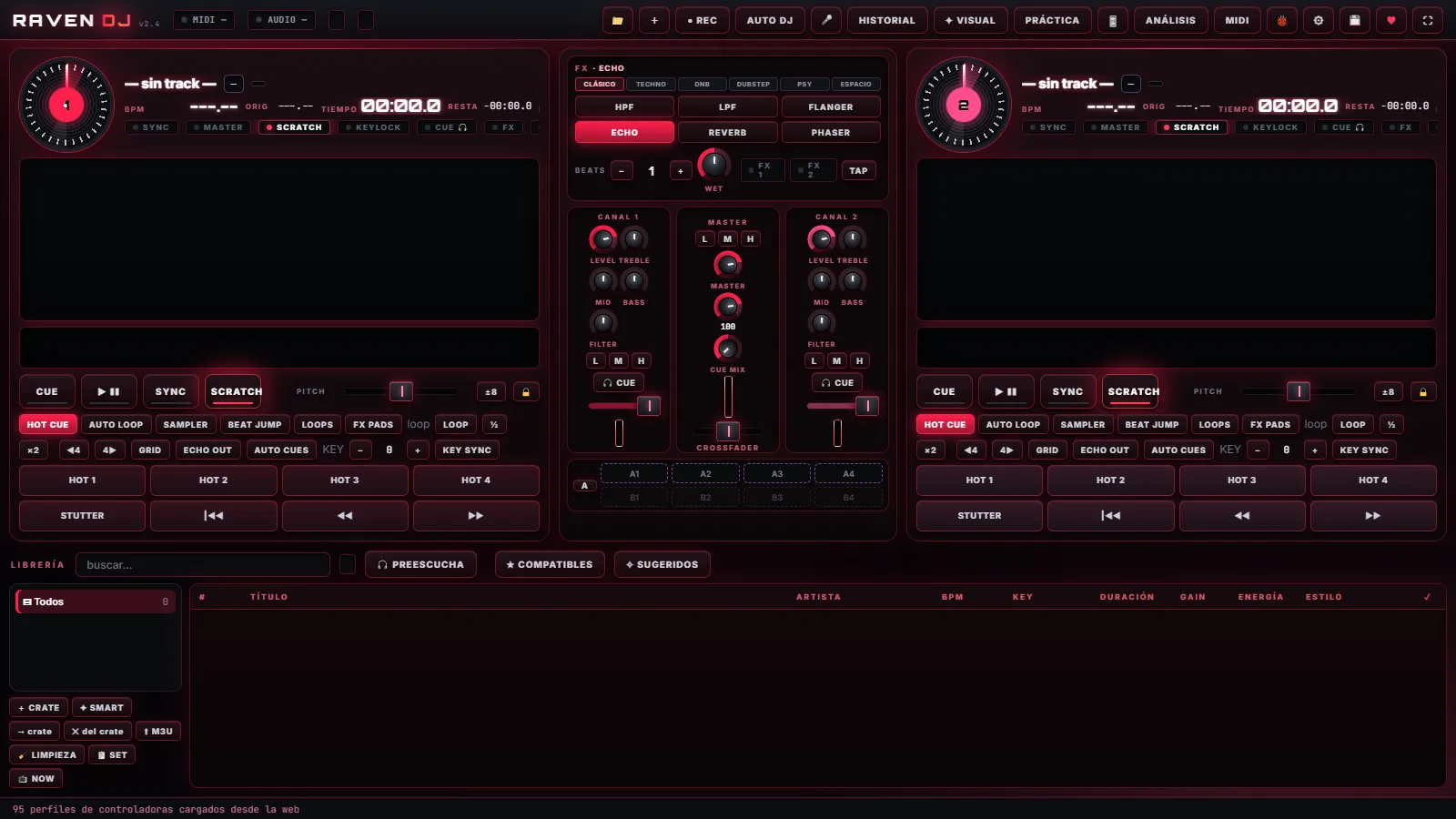La consola de RAVEN DJ: dos bandejas, mixer con EQ y filtros, efectos, hot cues y librería